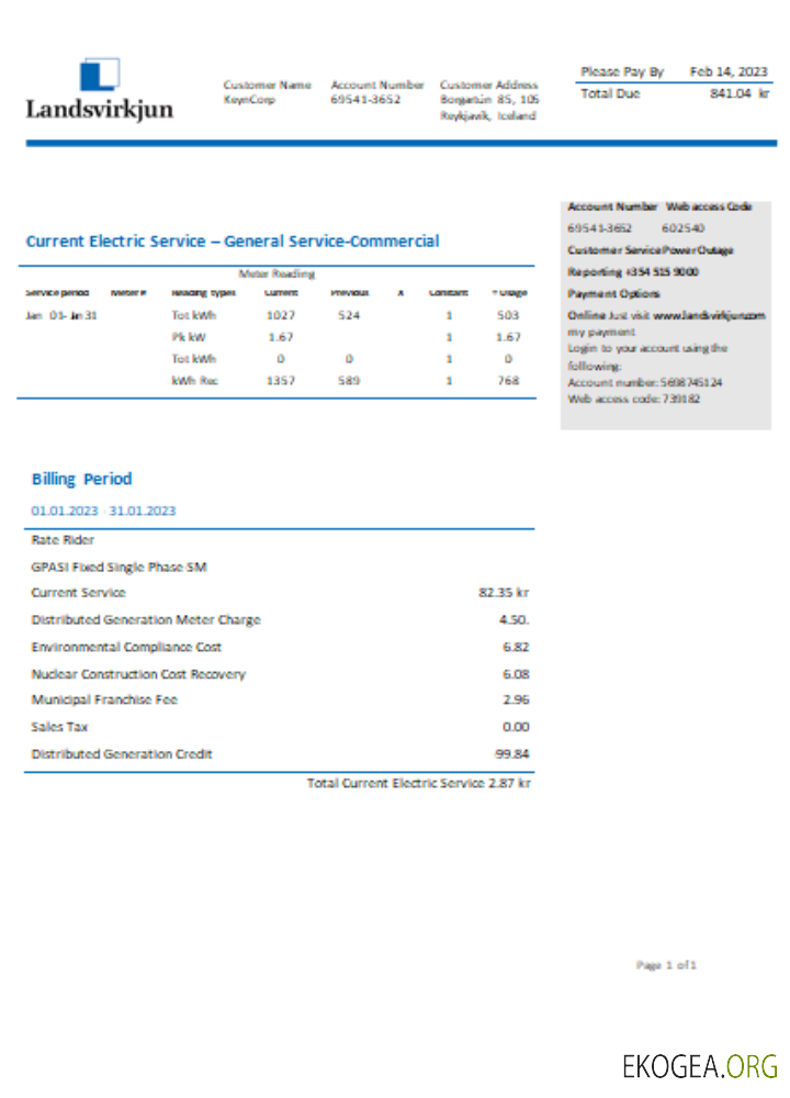 Facture commerciale du service public d'électricité de la Compagnie nationale d'électricité d'Islande Landsvirkjun, SCR